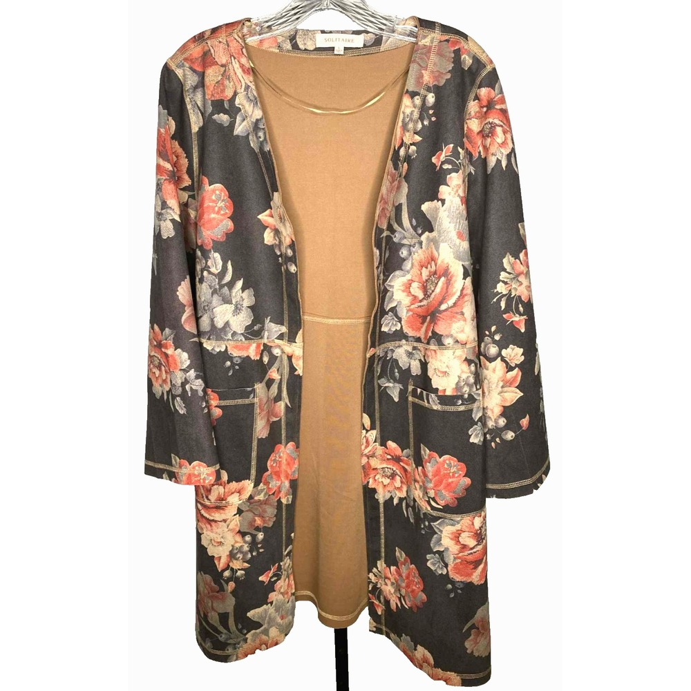 Solitaire Women's Faux Suede‎ Floral Open Front Cardigan Size Large fairy boho